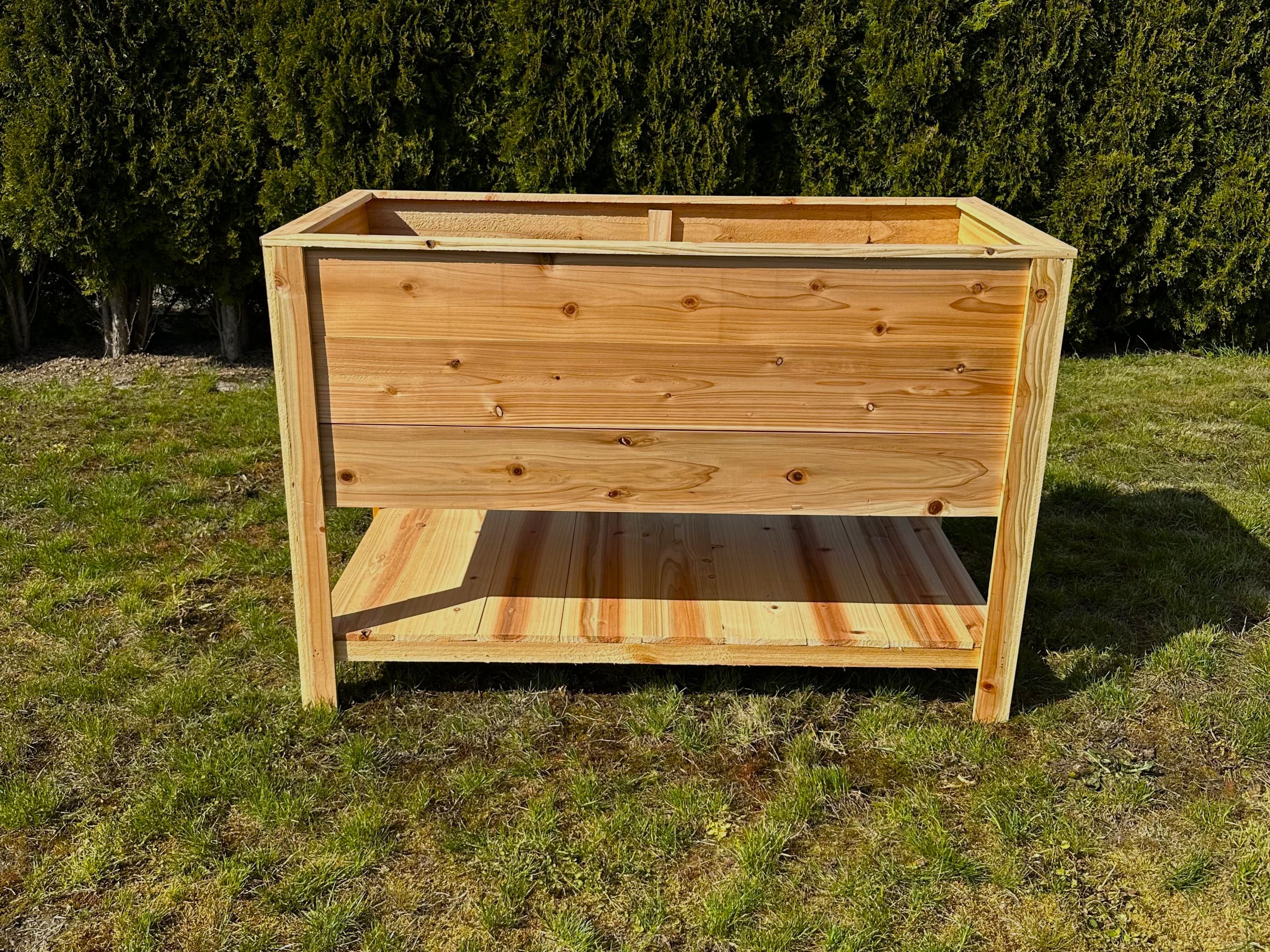 4' × 2' cedar raised bed, 16" deep with waist-height bench — front view
