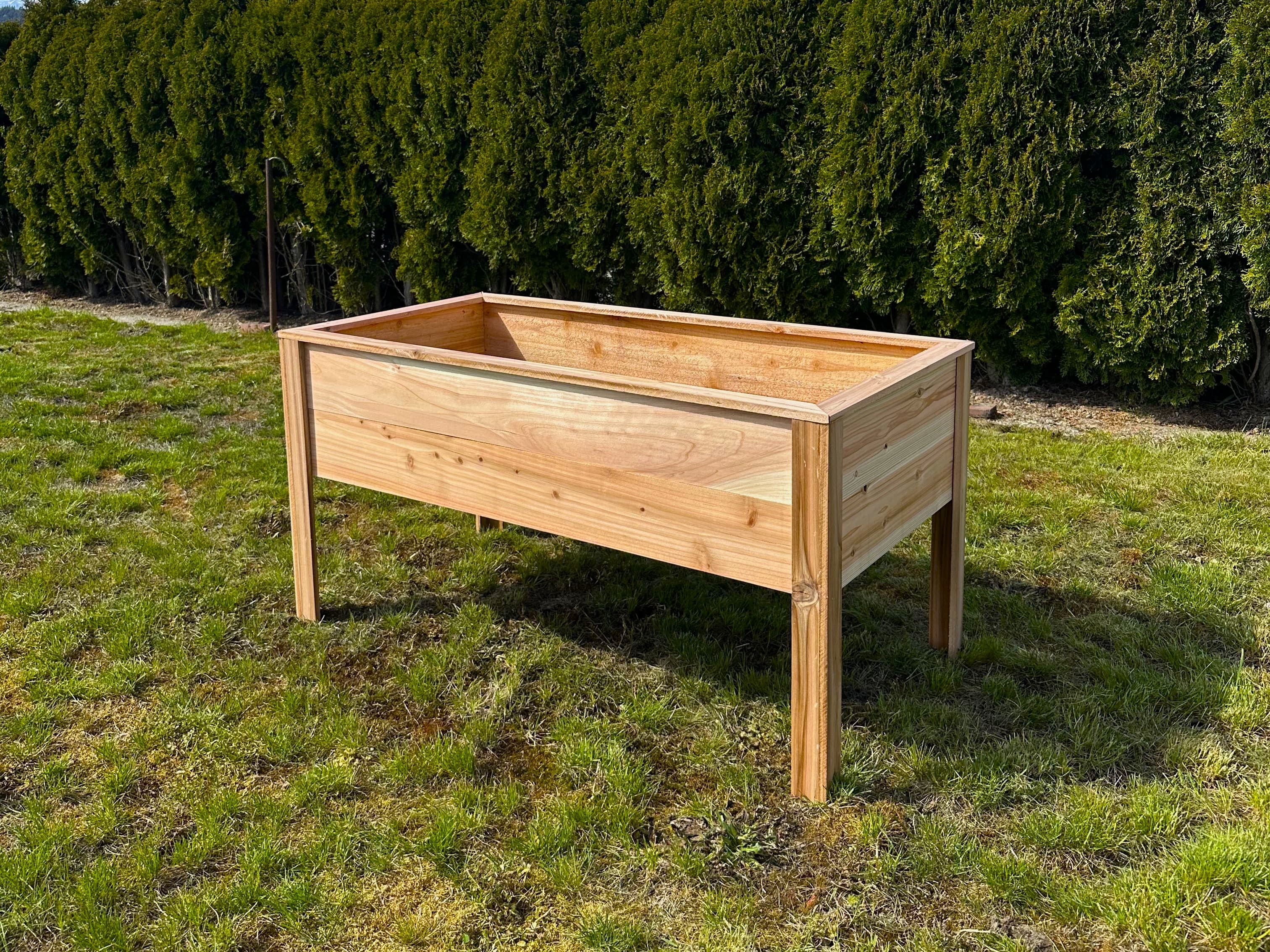 4' × 2' cedar raised bed at 24" total height — angled view