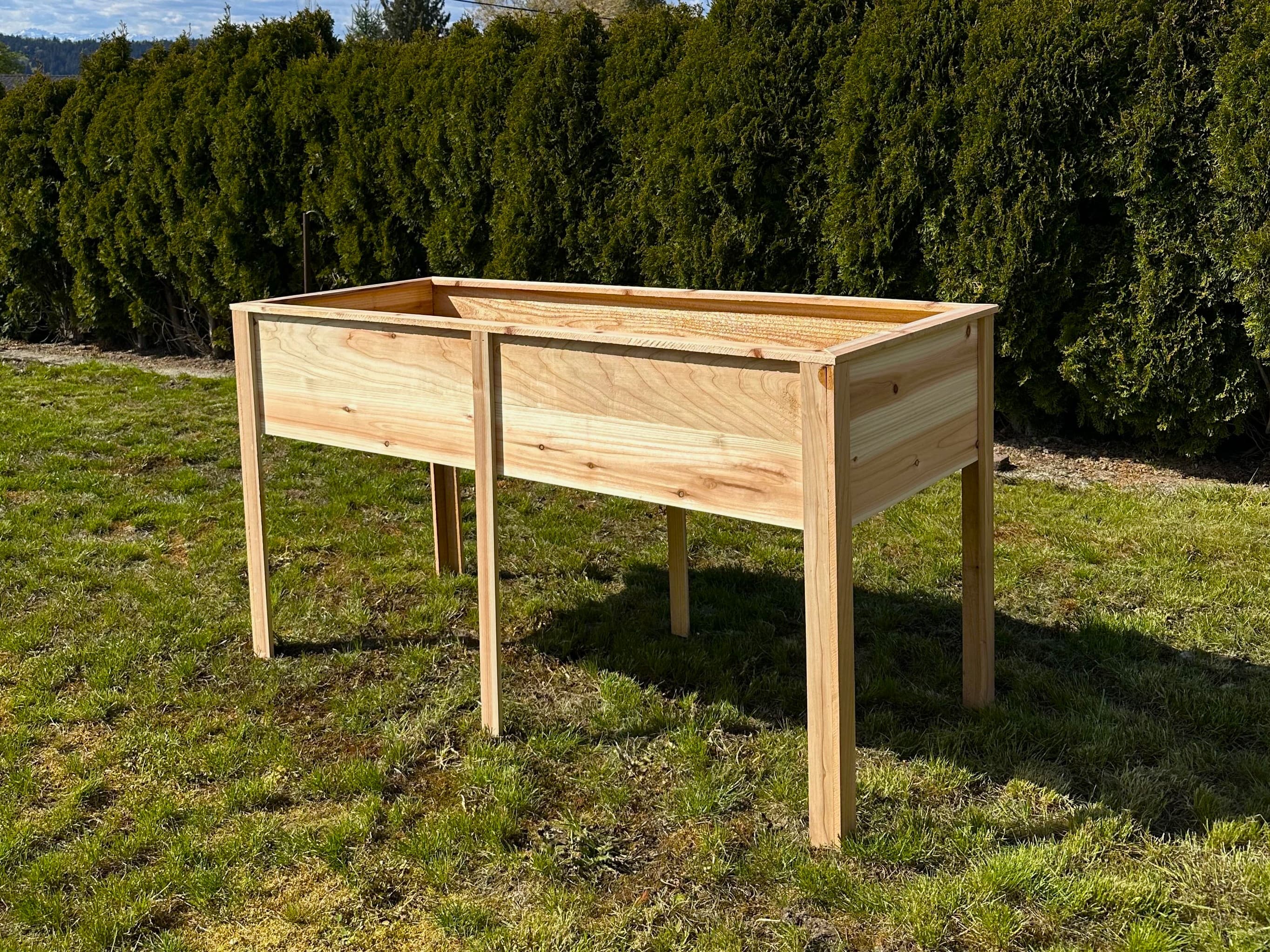 5' × 2' cedar raised bed at waist height (30") — angled view